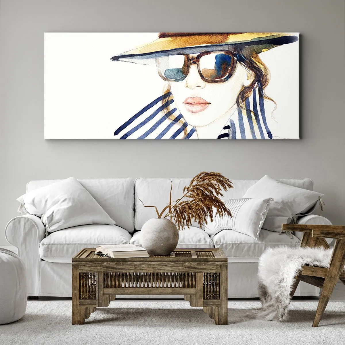 Bild auf Leinwand - Leinwandbild - Porträt einer Frau mit Hut und Sonnenbrille - 140x50cm - Florida heißt Sie willkommen! - Moderne Wanddekoration für Wohnzimmer und Schlafzimmer ARTTOR