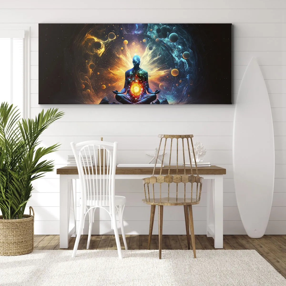 Bild auf Leinwand - Leinwandbild - Eine meditierende Figur, umgeben von einer kosmischen Aura - 160x50cm - Kosmischer Frieden - Moderne Wanddekoration für Wohnzimmer und Schlafzimmer ARTTOR