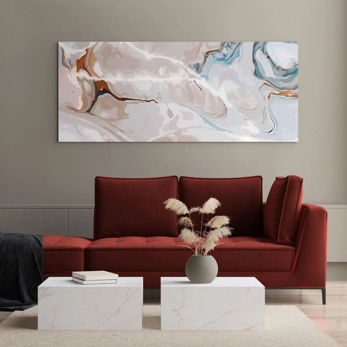 Glasbild - Bild auf glas - Abstraktes Muster in Weiß- und Blautönen - 120x50cm - Blau schlängelt sich unter dem Weiß - Moderne Wanddekoration für Wohnzimmer und Schlafzimmer ARTTOR