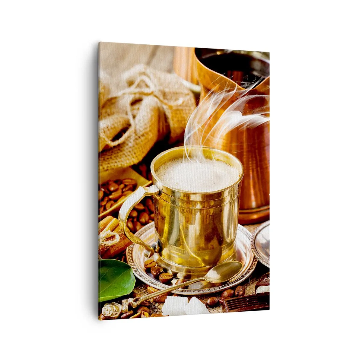 Bild auf Leinwand - Leinwandbild - Eine goldene Tasse Kaffee, umgeben von Bohnen, Krügen und Croissants - 70x100cm - Schönen Tag noch! - Moderne Wanddekoration für Wohnzimmer und Schlafzimmer ARTTOR