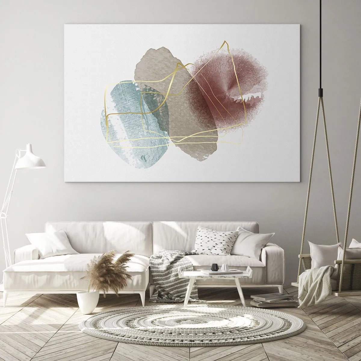 Glasbild - Bild auf glas - Abstrakte Aquarellspritzer und goldene Linien - 120x80cm - Korallen des Weltraums - Moderne Wanddekoration für Wohnzimmer und Schlafzimmer ARTTOR