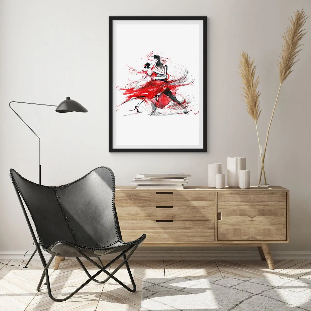 Poster in einem schwarzem Rahmen - Ein Paar tanzt Tango mit dynamischen roten Akzenten - 50x70cm - Tango – der Rhythmus der Leidenschaft - Moderne Wanddekoration für Wohnzimmer und Schlafzimmer ARTTOR