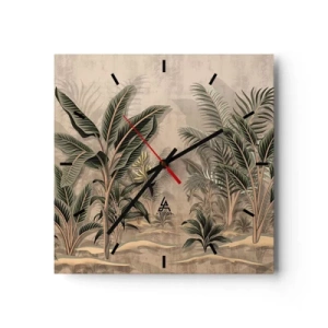 Wanduhr - Glasuhr - Palmen und tropische Vegetation in Grüntönen auf beigem Hintergrund - 30x30cm - Eine Gravur im Kolonialstil - Moderne Wanddekoration für Wohnzimmer und Schlafzimmer ARTTOR