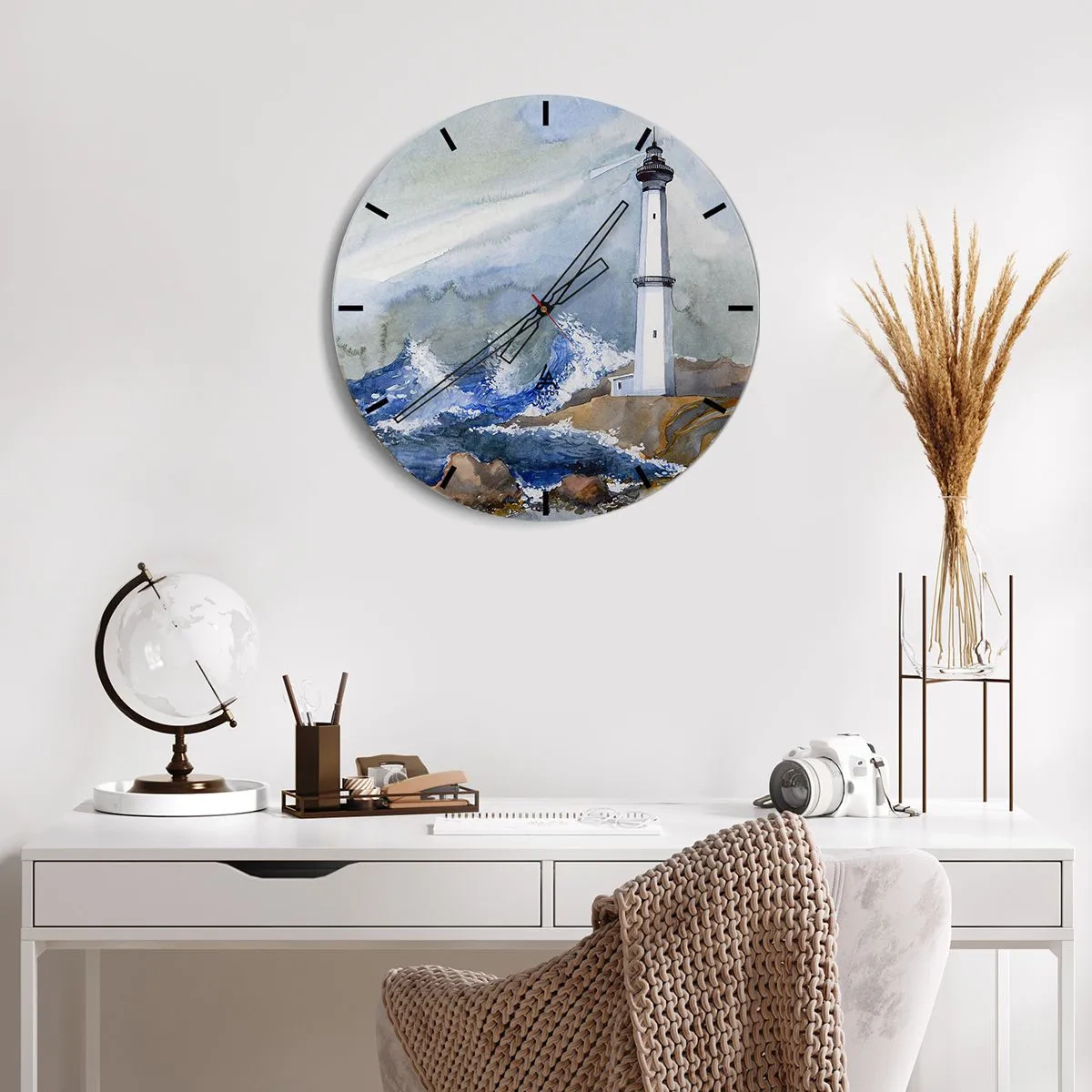 Wanduhr - Glasuhr - Ein Leuchtturm über stürmischer See - 30x30cm - Gegen die Dunkelheit und den Sturm - Moderne Wanddekoration für Wohnzimmer, Küche und Schlafzimmer ARTTOR