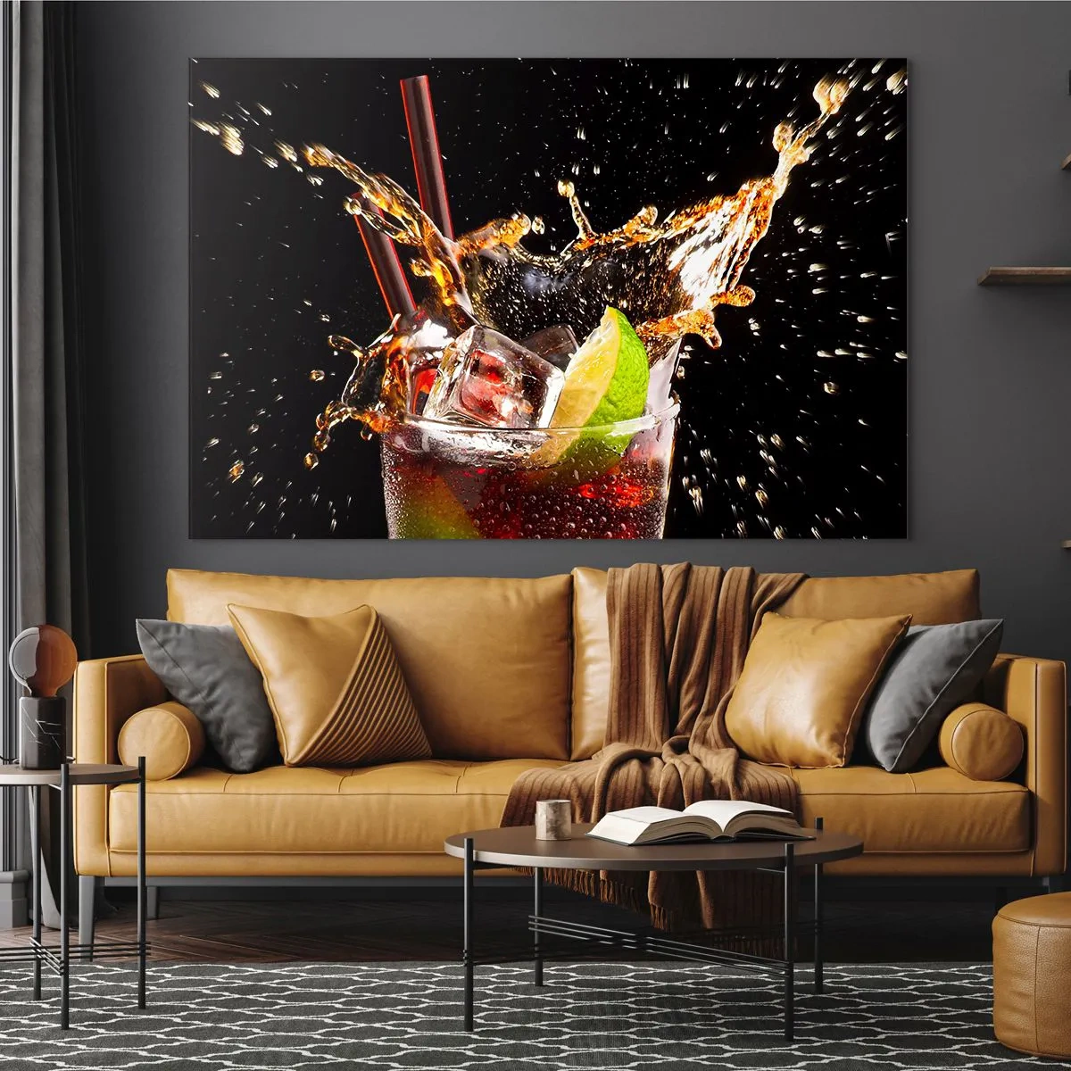 Glasbild - Bild auf glas - Ein Glas Getränk mit Limette und Spritzer auf schwarzem Hintergrund - 70x50cm - Freude und Energie der Farben - Moderne Wanddekoration für Wohnzimmer und Schlafzimmer ARTTOR