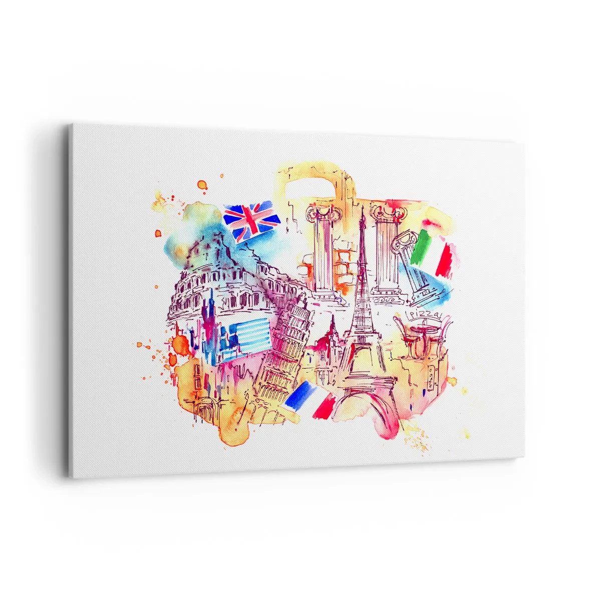 Bild auf Leinwand - Leinwandbild - Aquarell europäischer Symbole mit Länderflaggen - 120x80cm - Europa Tour - Moderne Wanddekoration für Wohnzimmer und Schlafzimmer ARTTOR