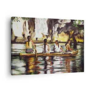 Bild auf Leinwand - Leinwandbild - Frauen in einem Boot auf einem ruhigen Fluss mit malerischer Kulisse - 70x50cm - In einem polynesischen Paradies - Moderne Wanddekoration für Wohnzimmer und Schlafzimmer ARTTOR
