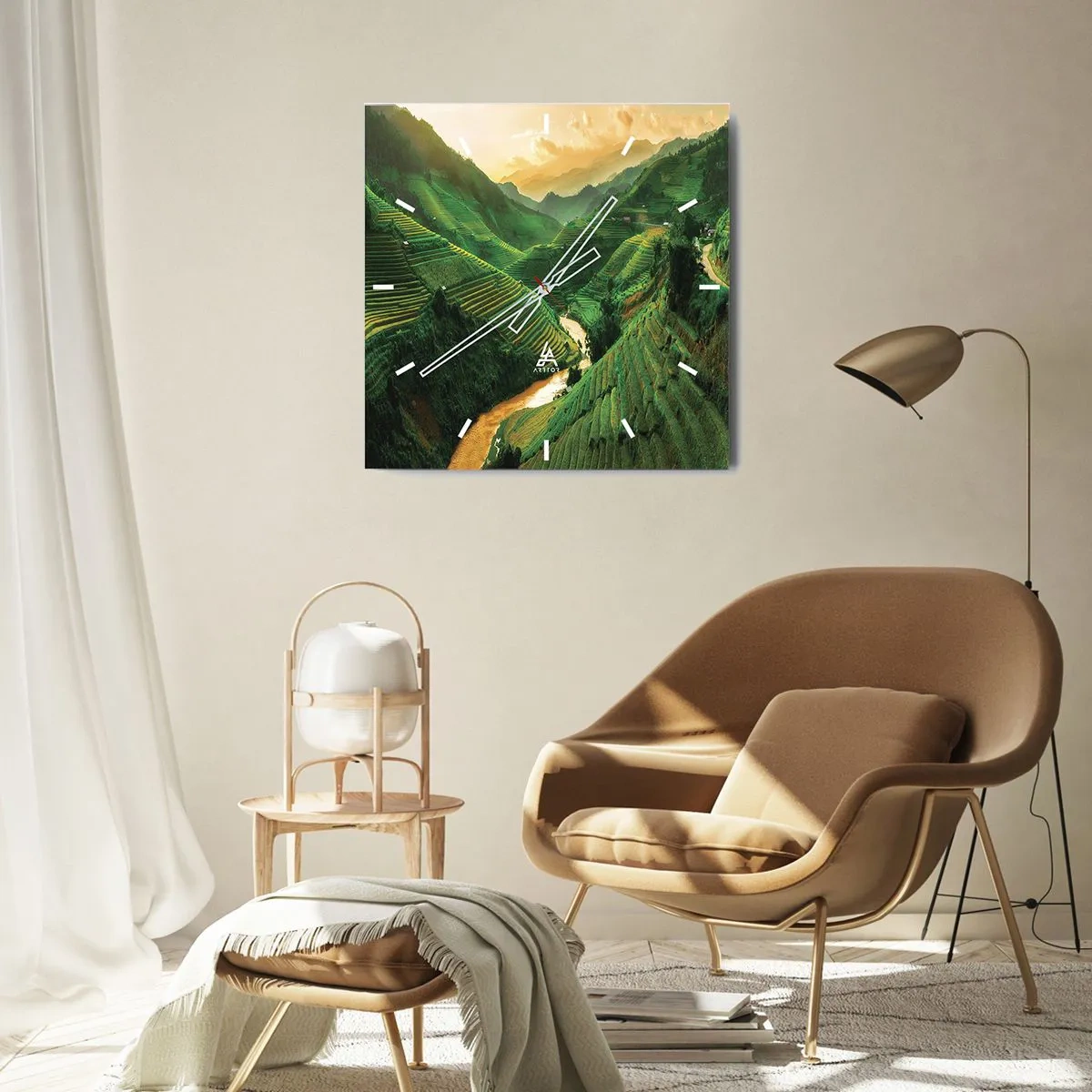 Wanduhr - Glasuhr - Malerische Reisterrassen in einem grünen Tal, beleuchtet von der untergehenden Sonne - 30x30cm - Vietnamesisches Tal - Moderne Wanddekoration für Wohnzimmer und Schlafzimmer ARTTOR