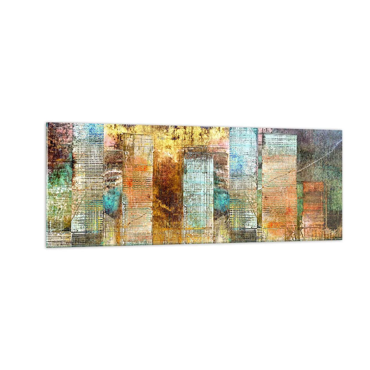Glasbild - Bild auf glas - Abstrakte Wolkenkratzer im Industriestil - 140x50cm - Sonnige Metropole - Moderne Wanddekoration für Wohnzimmer und Schlafzimmer ARTTOR