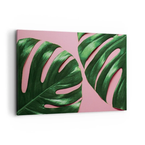 Bild auf Leinwand - Leinwandbild - Grüne Monstera-Blätter auf rosa Hintergrund - 120x80cm - Rendezvous im Grünen - Moderne Wanddekoration für Wohnzimmer und Schlafzimmer ARTTOR
