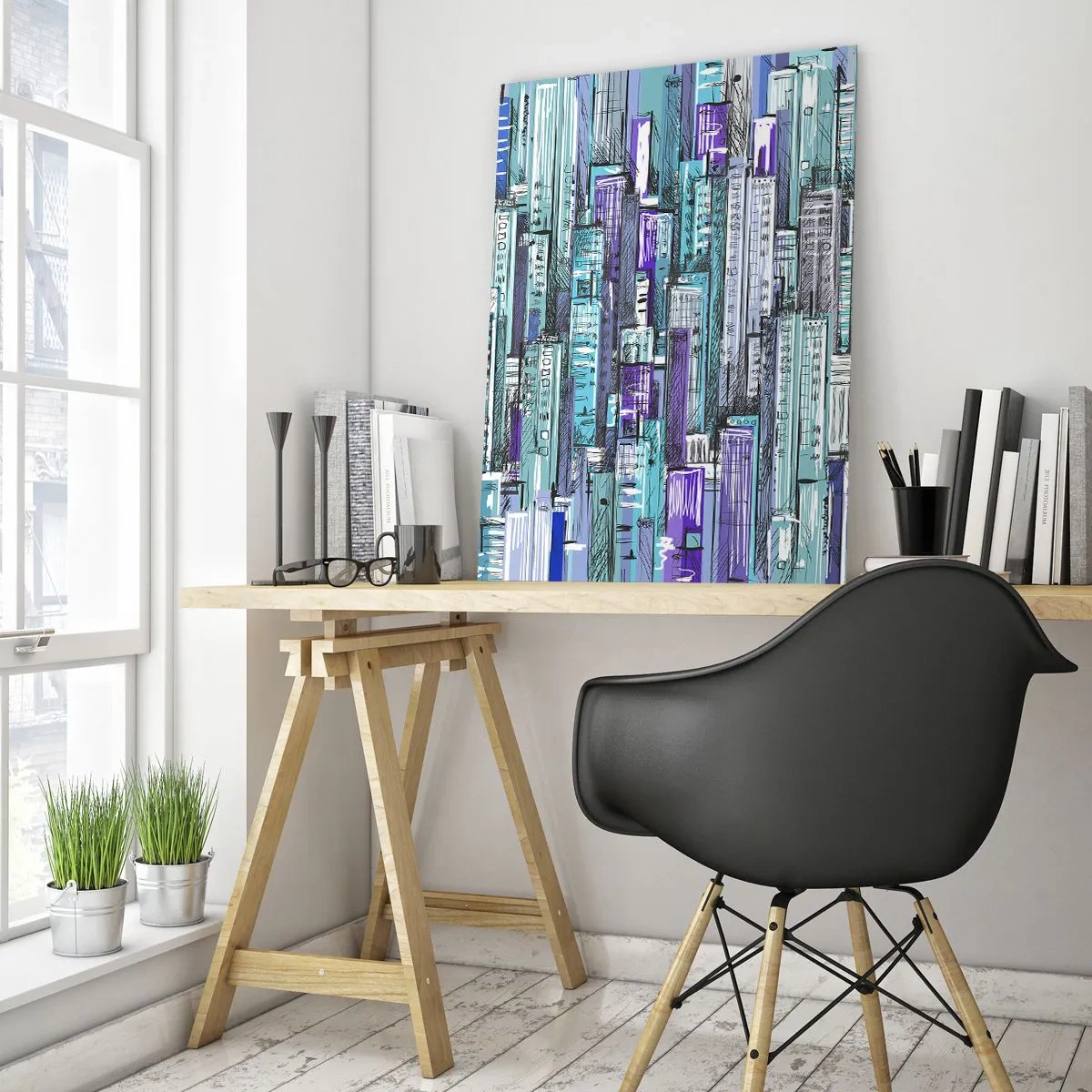 Glasbild - Bild auf glas - Illustration einer Stadt mit geometrischen Gebäuden in Blau- und Lilatönen. - 80x120cm - Bläulich von dem Himmel - Moderne Wanddekoration für Wohnzimmer und Schlafzimmer ARTTOR