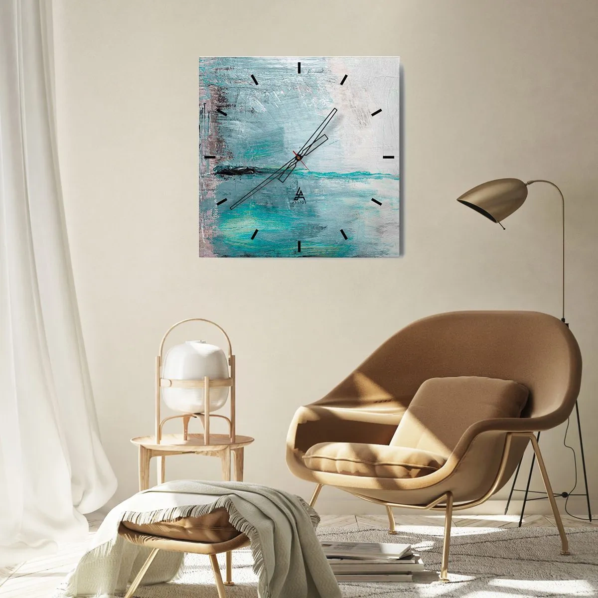 Wanduhr - Glasuhr - Abstraktion in Türkis- und Grautönen - 30x30cm - Horizontal in Blau - Moderne Wanddekoration für Wohnzimmer und Schlafzimmer ARTTOR