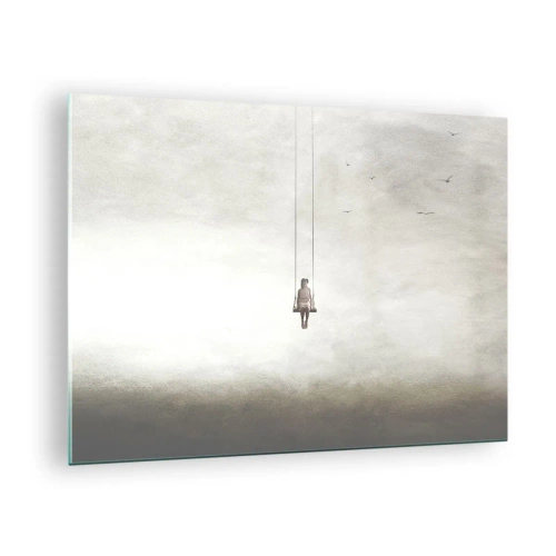 Glasbild - Bild auf glas - Eine Figur auf einer Schaukel, die im Himmel schwebt - 70x50cm - Ein Kind in uns - Moderne Wanddekoration für Wohnzimmer und Schlafzimmer ARTTOR