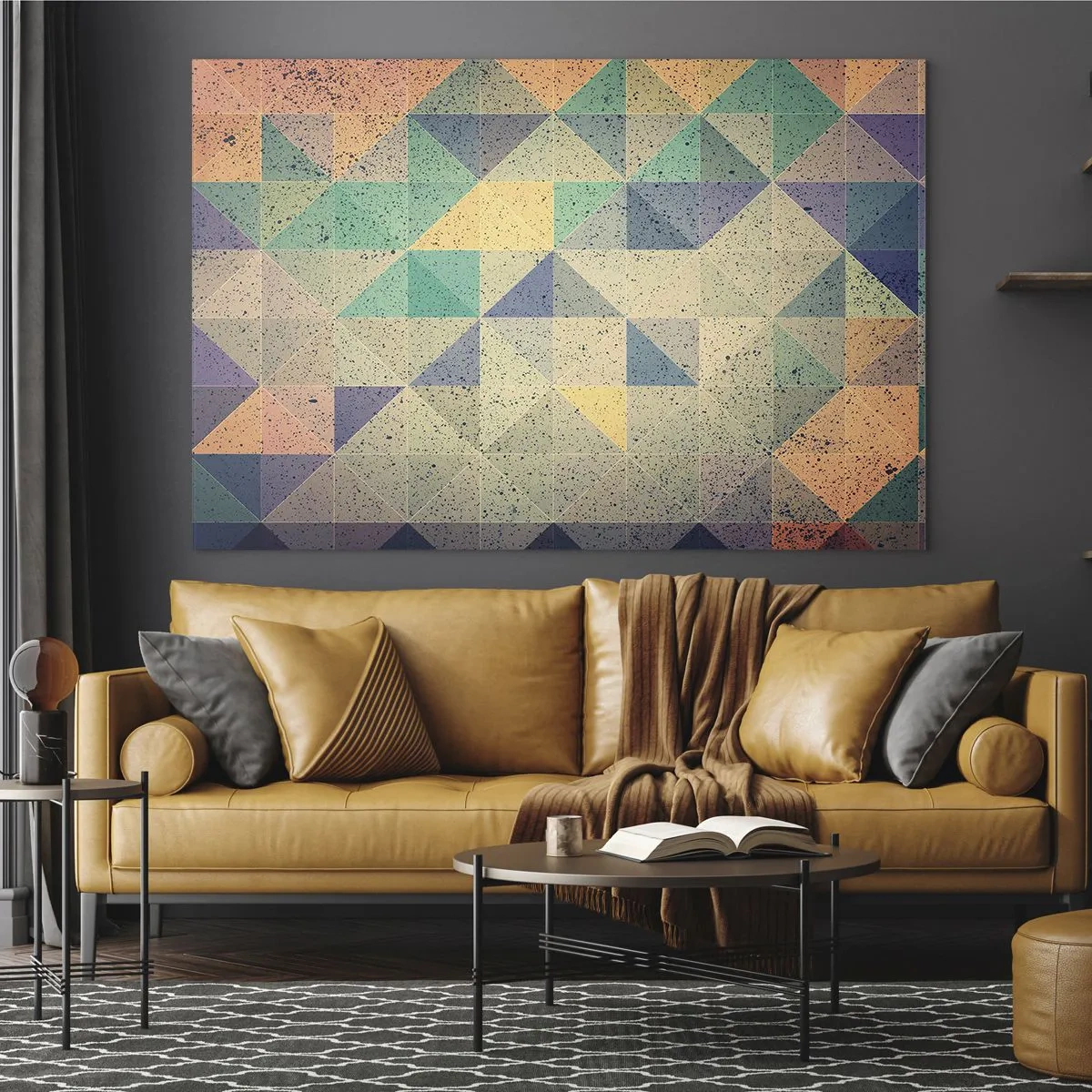Glasbild - Bild auf glas - Buntes Mosaik mit geometrischen Dreiecken im Retro-Stil - 70x50cm - Republik der Dreiecke - Moderne Wanddekoration für Wohnzimmer und Schlafzimmer ARTTOR