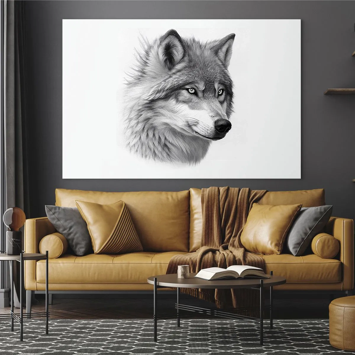 Glasbild - Bild auf glas - Schwarz-Weiß-Porträt eines Wolfes mit durchdringendem Blick - 70x50cm - Alpha – ohne Zweifel - Moderne Wanddekoration für Wohnzimmer und Schlafzimmer ARTTOR