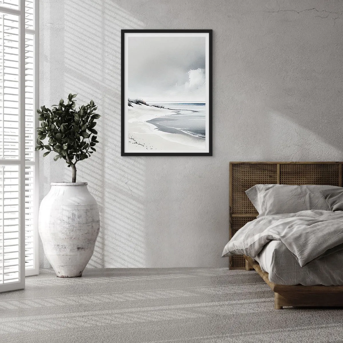 Poster in einem schwarzem Rahmen - Ein minimalistischer Strand in Grautönen - 50x70cm - Für immer zusammen - Moderne Wanddekoration für Wohnzimmer und Schlafzimmer ARTTOR