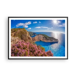 Poster in einem schwarzem Rahmen - Eine Klippe mit Blumen, ein türkisfarbenes Meer und eine sonnige griechische Landschaft - 100x70cm - Mein toller Griechenlandurlaub - Moderne Wanddekoration für Wohnzimmer und Schlafzimmer ARTTOR