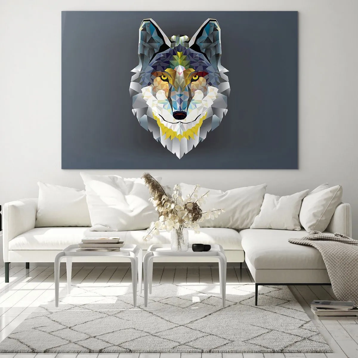 Glasbild - Bild auf glas - Geometrischer Wolf auf dunklem Hintergrund - 120x80cm - Vom Teufel sprechen - Moderne Wanddekoration für Wohnzimmer und Schlafzimmer ARTTOR