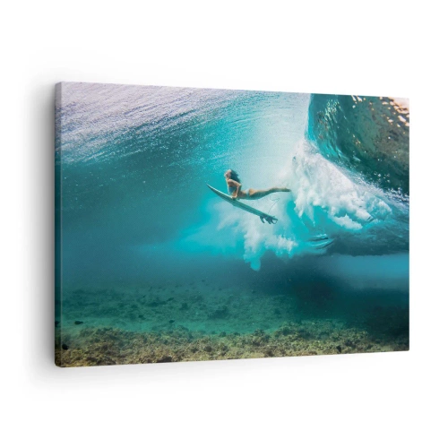 Bild auf Leinwand - Leinwandbild - Surfer unter einer Welle im blauen Ozeanwasser - 70x50cm - Unterwasserwelt - Moderne Wanddekoration für Wohnzimmer und Schlafzimmer ARTTOR