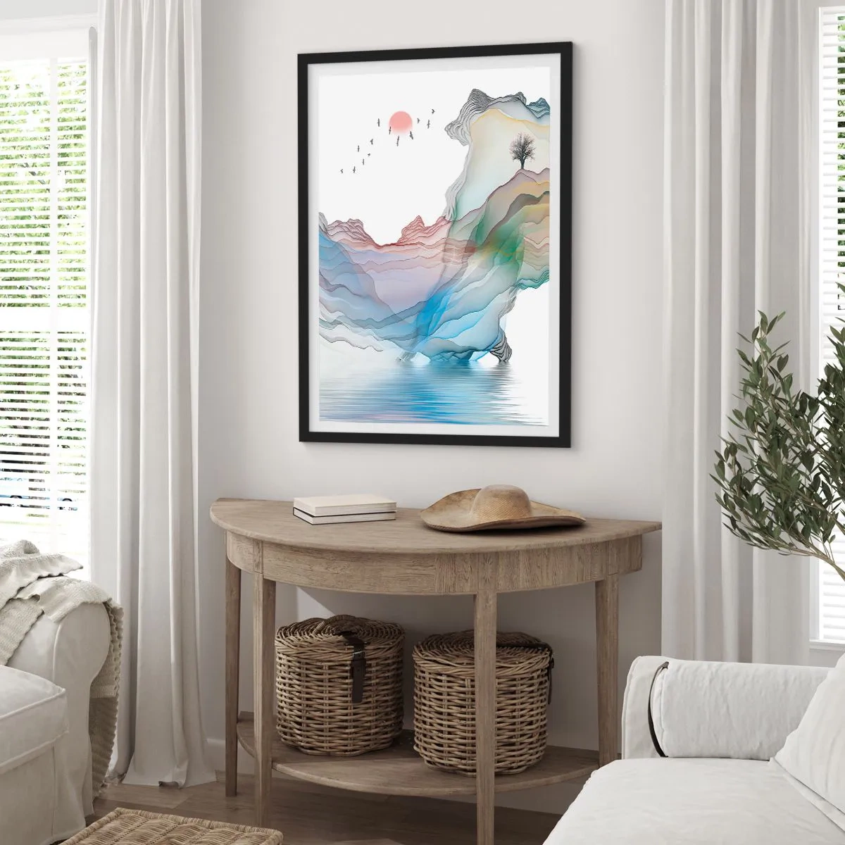 Poster in einem schwarzem Rahmen - Bunte, geschichtete Berge über einem ruhigen See mit einem Baum - 50x70cm - Zu den Kristallbergen - Moderne Wanddekoration für Wohnzimmer und Schlafzimmer ARTTOR