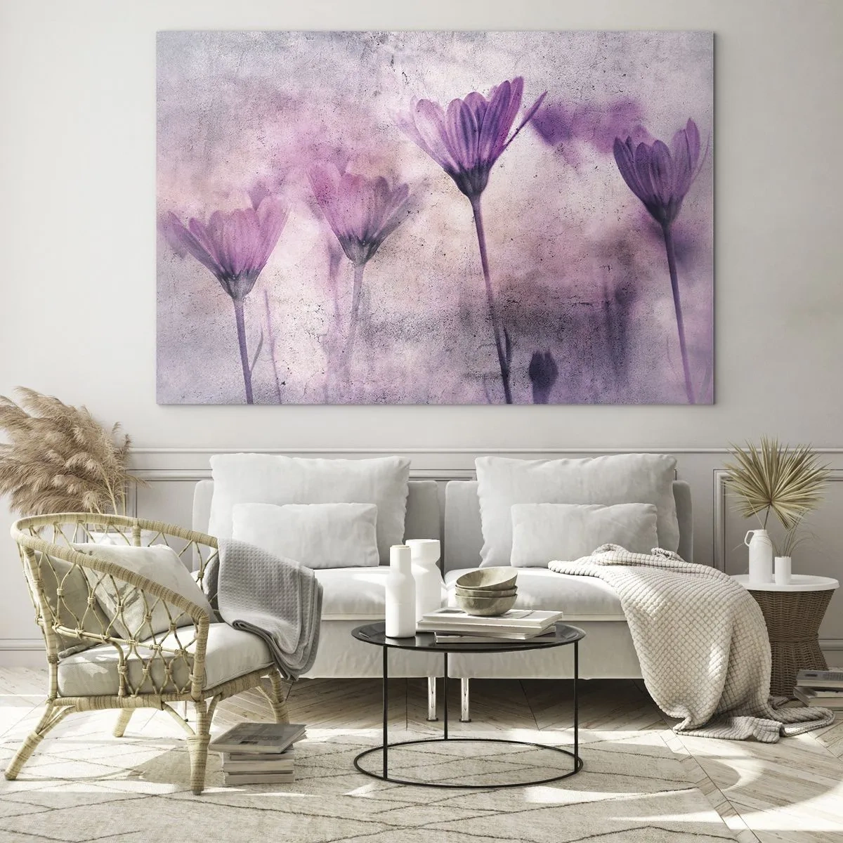 Glasbild - Bild auf glas - Zarte Blüten in pastellfarbenen Lilatönen - 70x50cm - Ein Blumentraum - Moderne Wanddekoration für Wohnzimmer und Schlafzimmer ARTTOR