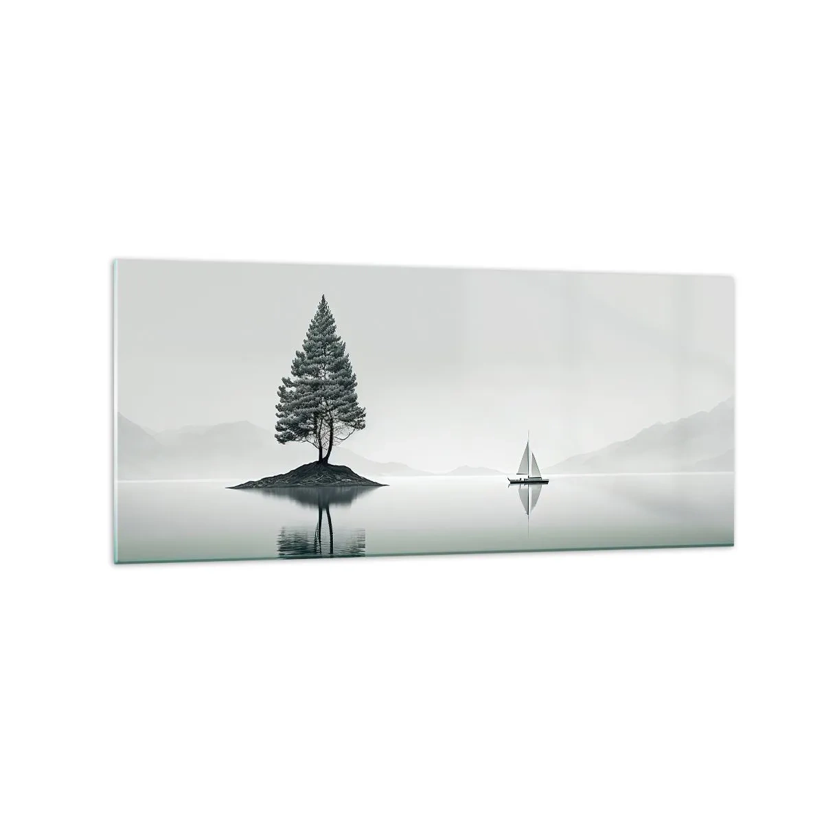 Glasbild - Bild auf glas - Eine minimalistische Landschaft mit einem Baum auf einer Insel und einem Segelboot. - 120x50cm - Traum - Moderne Wanddekoration für Wohnzimmer und Schlafzimmer ARTTOR