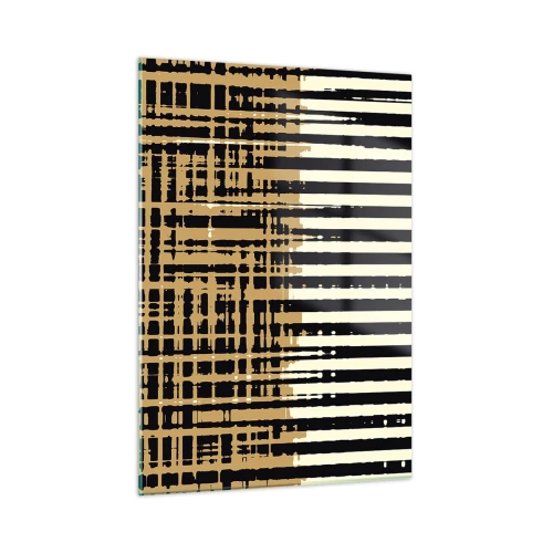Glasbild - Bild auf glas - Geometrische Streifen und Linien in Schwarz- und Goldtönen - 50x70cm - Architektonische Abstraktion - Moderne Wanddekoration für Wohnzimmer und Schlafzimmer ARTTOR