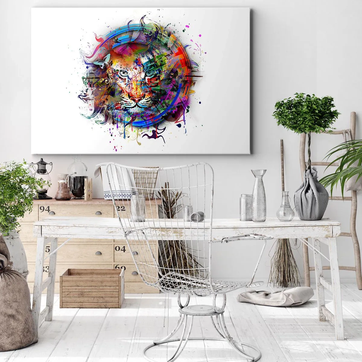 Bild auf Leinwand - Leinwandbild - Farbenfrohes Porträt eines Löwen im abstrakten Stil - 120x80cm - Es lauert hinter einem Regenbogenschleier - Moderne Wanddekoration für Wohnzimmer und Schlafzimmer ARTTOR