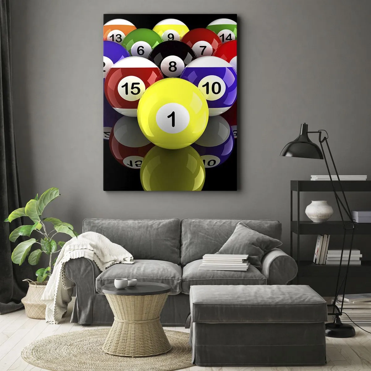 Bild auf Leinwand - Leinwandbild - Bunte Billardkugeln in einem Dreieck auf schwarzem Hintergrund angeordnet - 50x70cm - Verschiedene Spielfarben - Moderne Wanddekoration für Wohnzimmer und Schlafzimmer ARTTOR