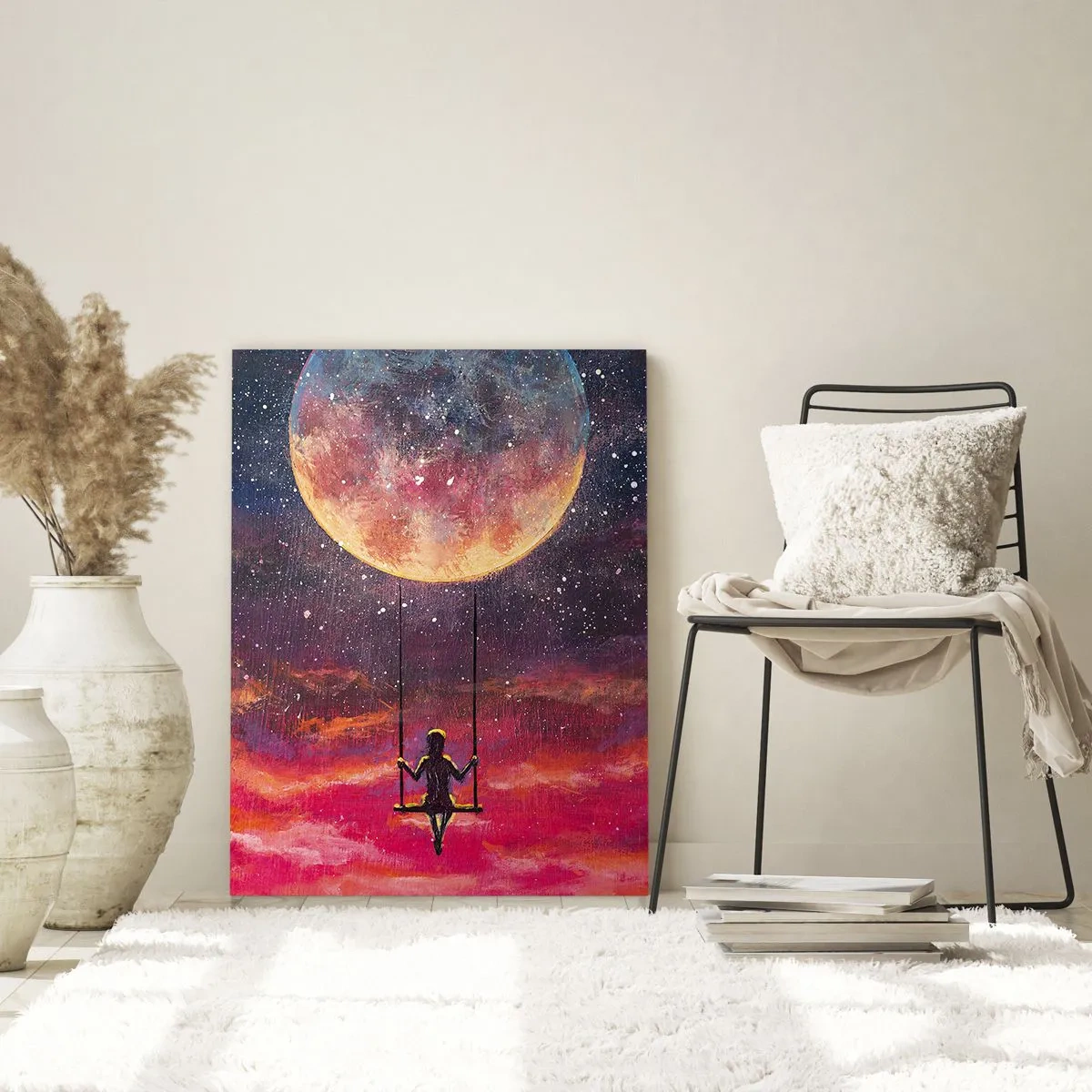Glasbild - Bild auf glas - Eine Figur auf einer Schaukel, die vor dem Mond hängt - 80x120cm - Traum - Moderne Wanddekoration für Wohnzimmer und Schlafzimmer ARTTOR