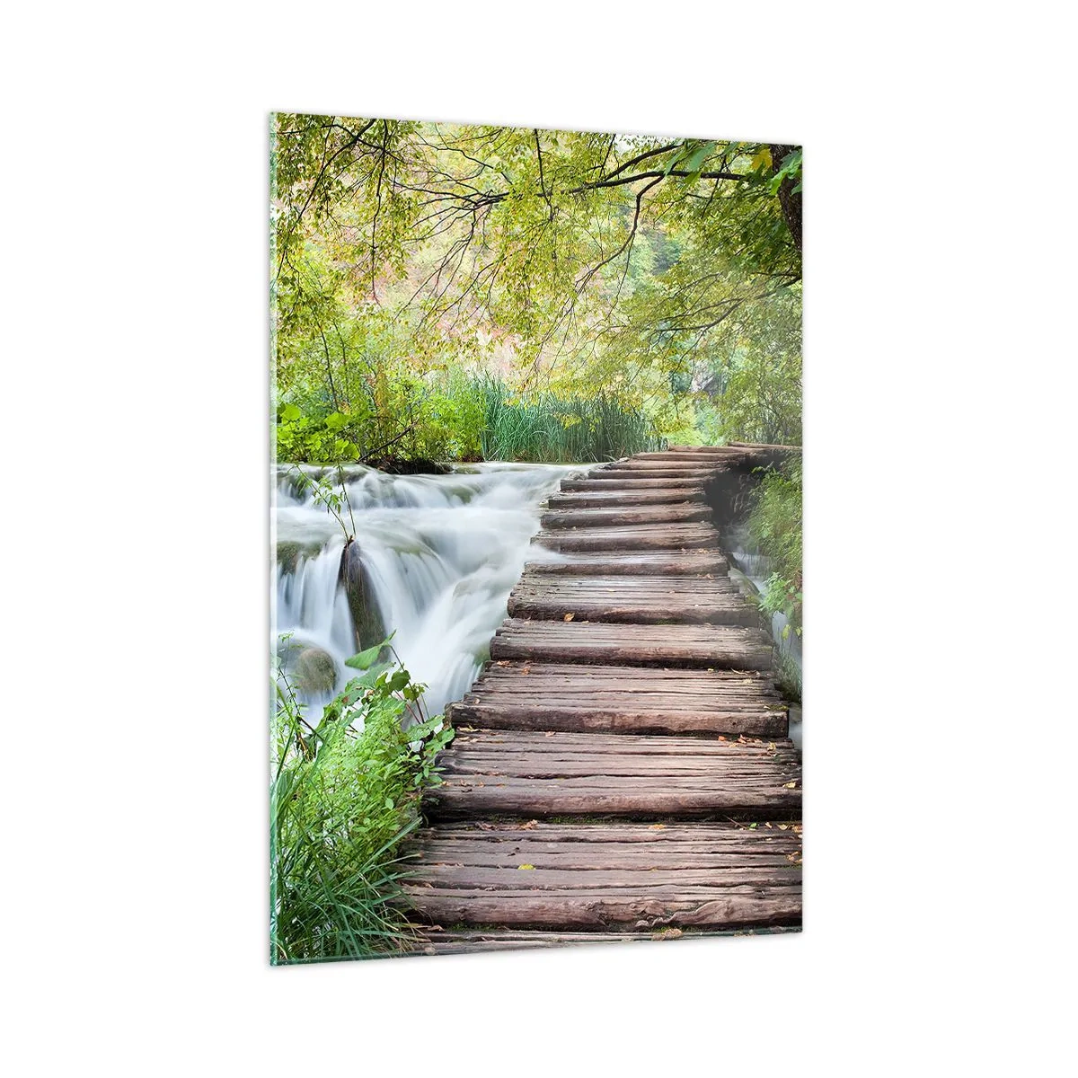 Glasbild - Bild auf glas - Eine Brücke im Wald über einen Bach - 50x70cm - Das Wasser ist überhaupt nicht ruhig - Moderne Wanddekoration für Wohnzimmer und Schlafzimmer ARTTOR