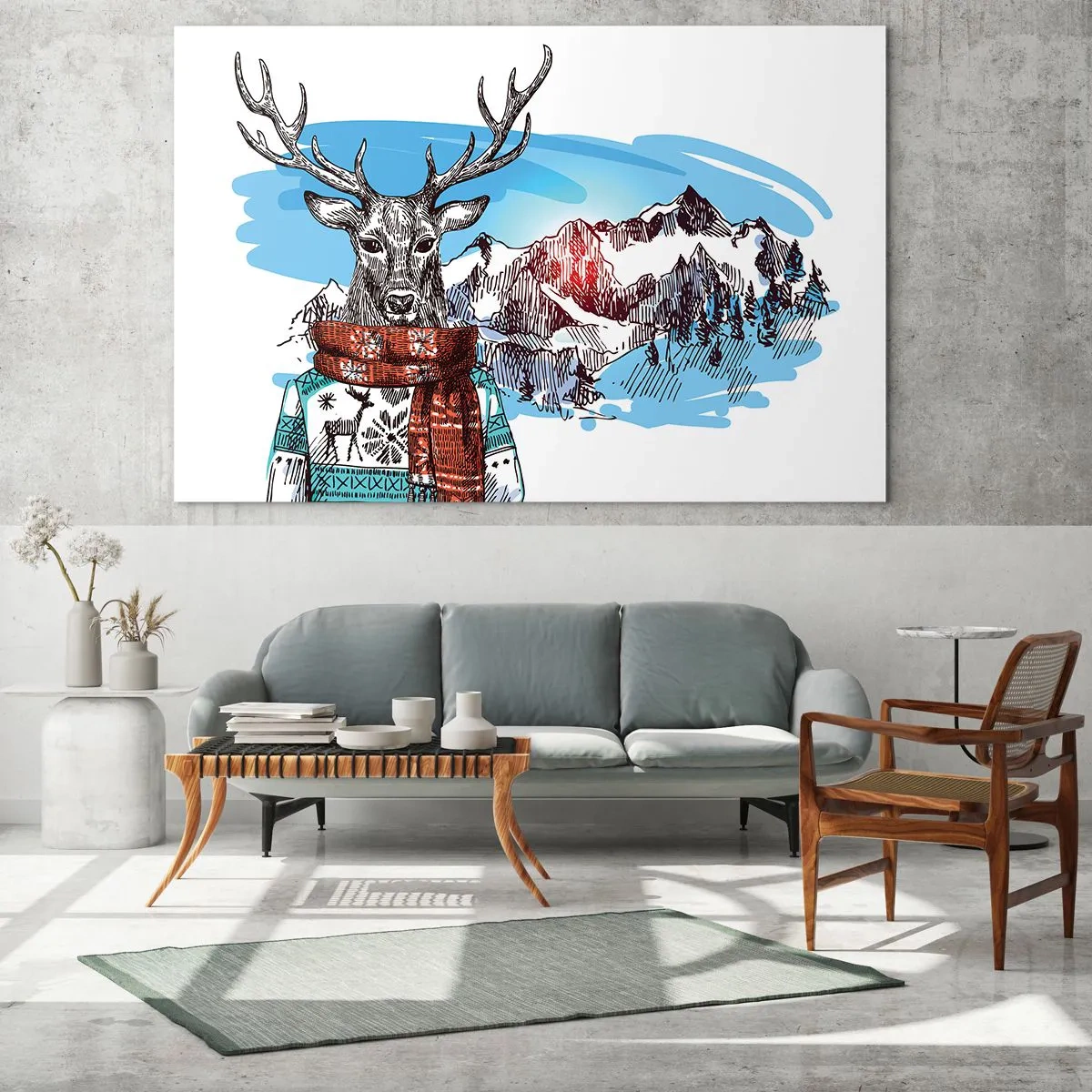 Glasbild - Bild auf glas - Ein Hirsch in Pullover und Schal vor einer Berglandschaft - 120x80cm - Auch ein Reh friert nicht - Moderne Wanddekoration für Wohnzimmer und Schlafzimmer ARTTOR