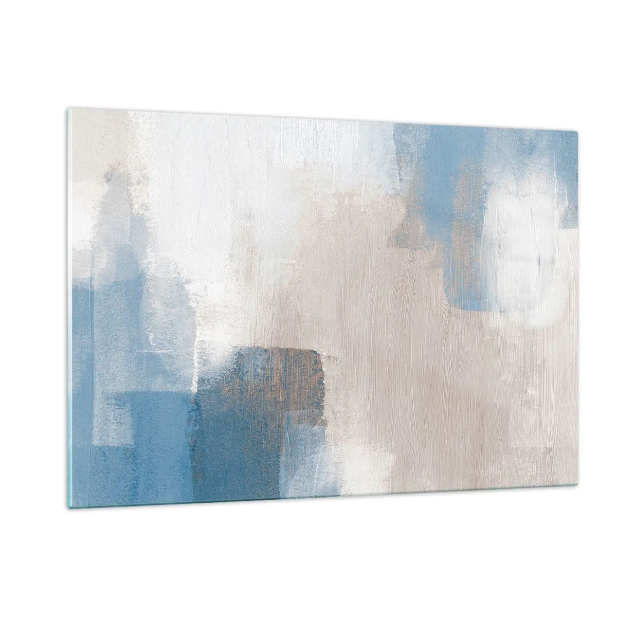 Glasbild - Bild auf glas - Beige und blaue Abstraktion in Pastellfarben - 120x80cm - Rosa Abstraktion hinter einem blauen Vorhang - Moderne Wanddekoration für Wohnzimmer und Schlafzimmer ARTTOR