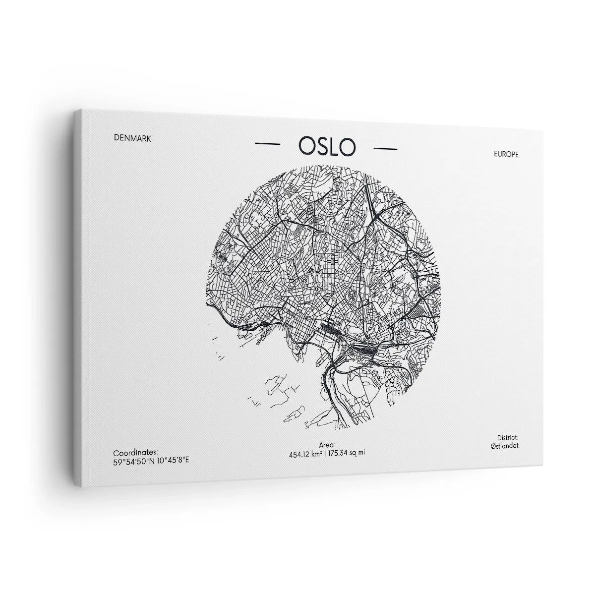 Bild auf Leinwand - Leinwandbild - Eine Karte von Oslo im minimalistischen Schwarz-Weiß-Stil. - 70x50cm - Anatomie von Oslo - Moderne Wanddekoration für Wohnzimmer und Schlafzimmer ARTTOR