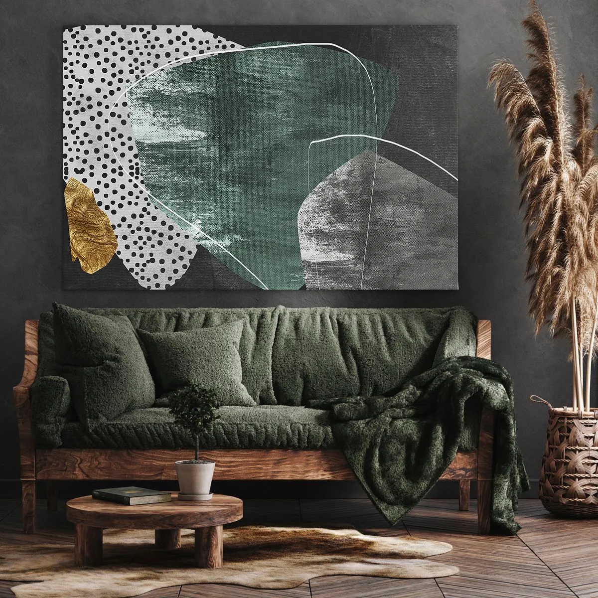 Bild auf Leinwand - Leinwandbild - Abstrakte Komposition mit grünen Formen und Punktmustern - 100x70cm - Bunte Abstraktion mit Blattgold - Moderne Wanddekoration für Wohnzimmer und Schlafzimmer ARTTOR