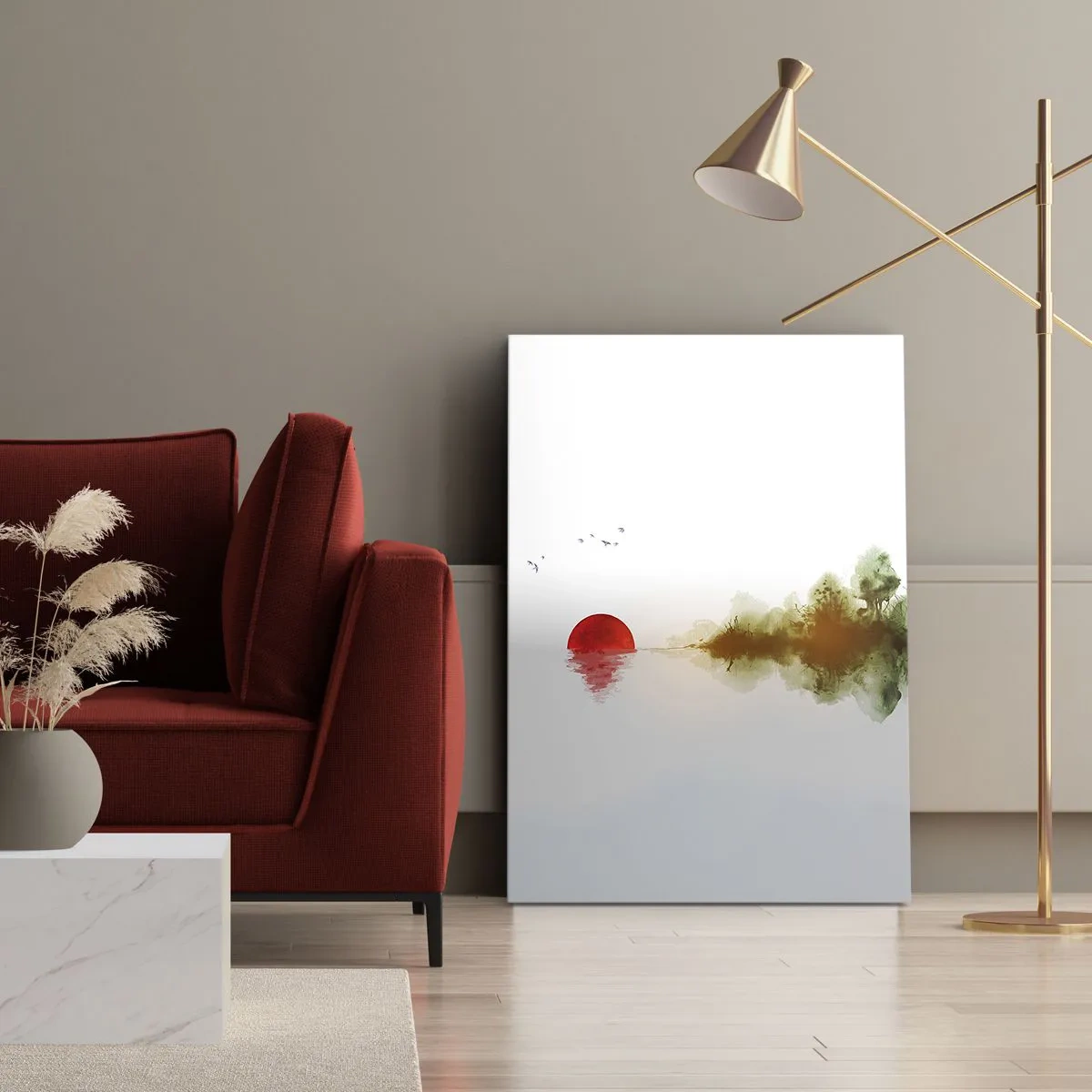 Bild auf Leinwand - Leinwandbild - Abstrakter Sonnenuntergang über einem See mit Reflexion - 80x120cm - Versprechen der Ruhe - Moderne Wanddekoration für Wohnzimmer und Schlafzimmer ARTTOR