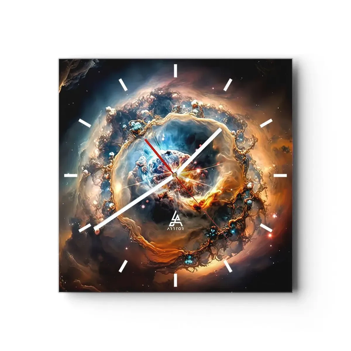 Wanduhr - Glasuhr - Eine abstrakte Vision einer kosmischen Explosion in Gold- und Blautönen. - 30x30cm - Anfang - Moderne Wanddekoration für Wohnzimmer und Schlafzimmer ARTTOR