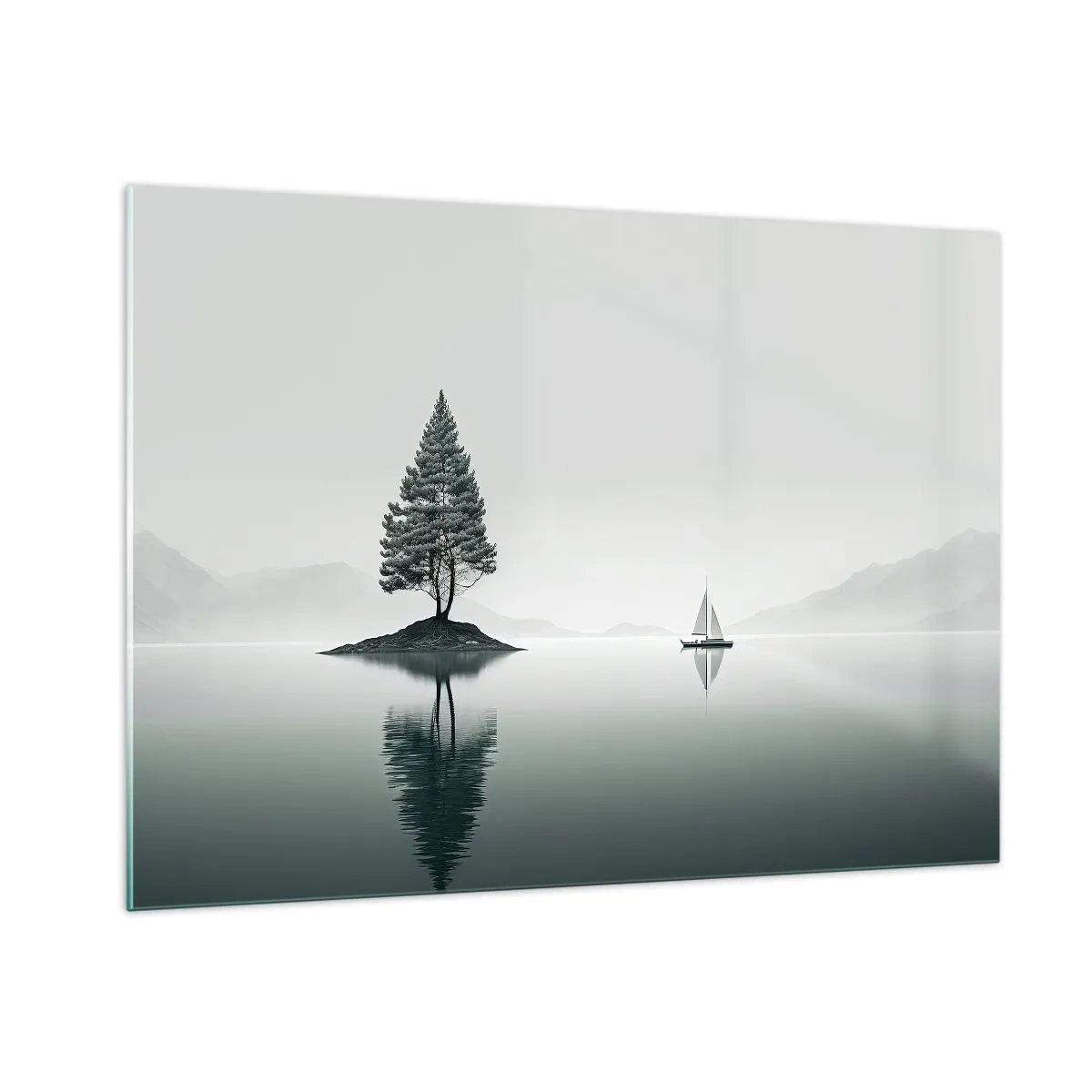 Glasbild - Bild auf glas - Ein einsamer Baum auf einer Insel und ein Segelboot auf einem ruhigen See - 100x70cm - Traum - Moderne Wanddekoration für Wohnzimmer und Schlafzimmer ARTTOR