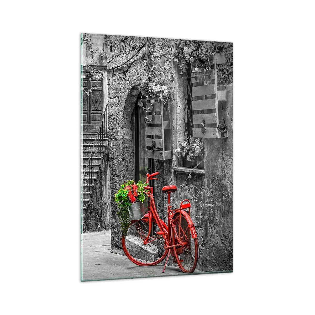 Glasbild - Bild auf glas - Ein rotes Fahrrad in einer schwarz-weißen Straße - 80x120cm - Toskanische Gasse - Moderne Wanddekoration für Wohnzimmer und Schlafzimmer ARTTOR