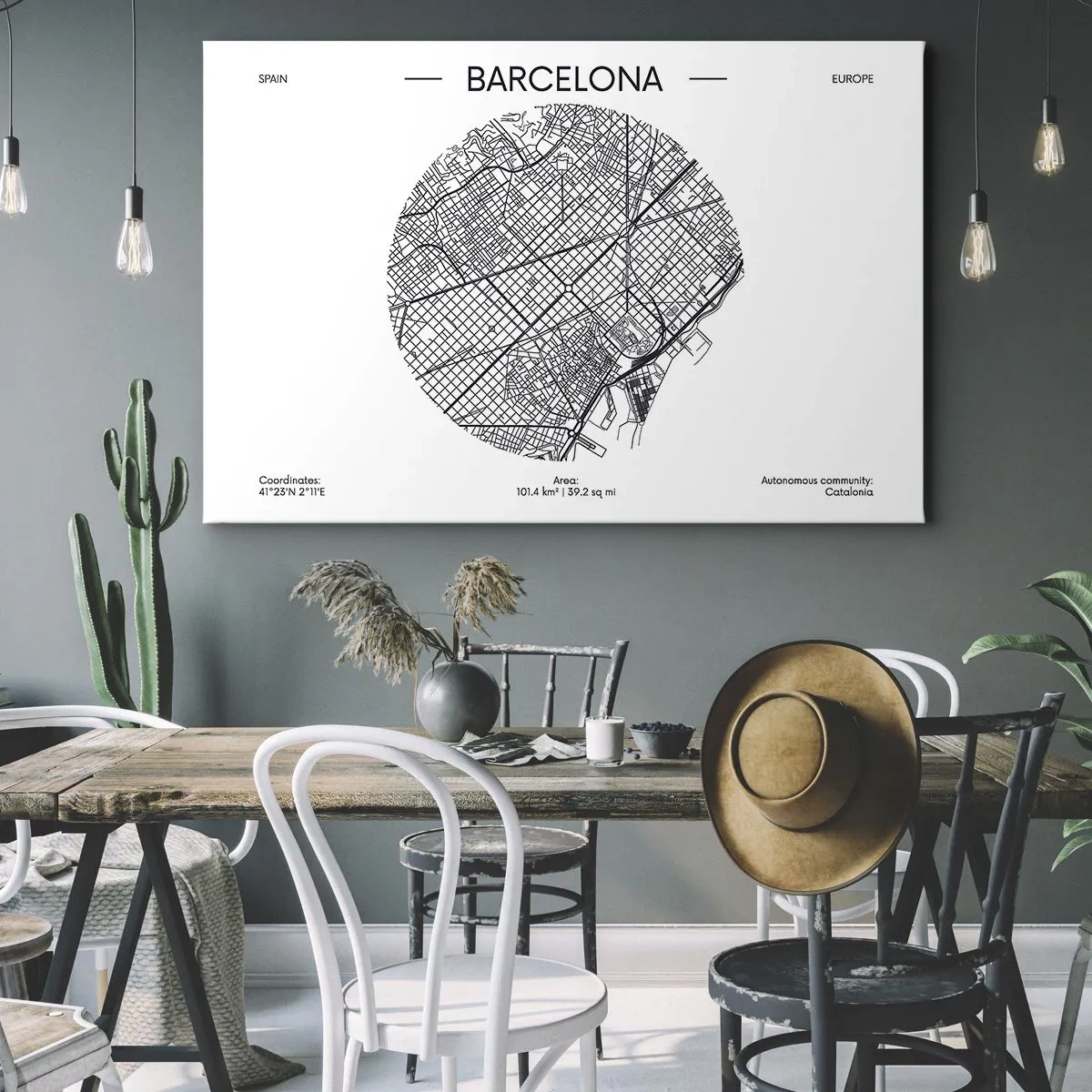 Bild auf Leinwand - Leinwandbild - Eine Karte von Barcelona im minimalistischen Schwarz-Weiß-Stil - 70x50cm - Anatomie von Barcelona - Moderne Wanddekoration für Wohnzimmer und Schlafzimmer ARTTOR