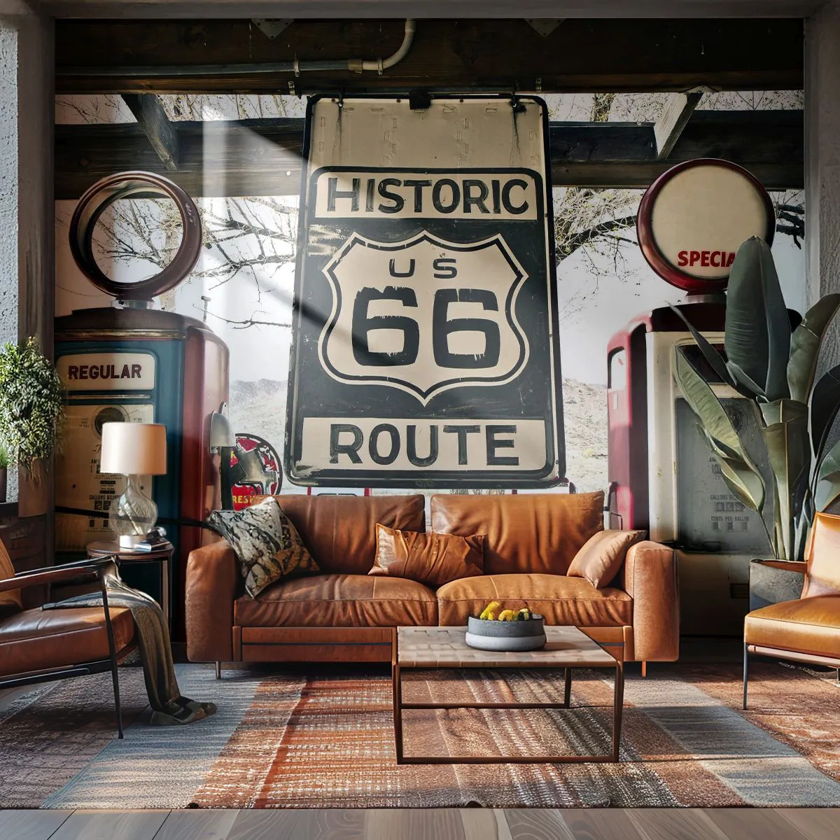 Selbstklebende Fototapete Deluxe Sticker - Amerikanische Retro-Reise - Jahrgang, Route 66, Route 66 - 200x140 cm