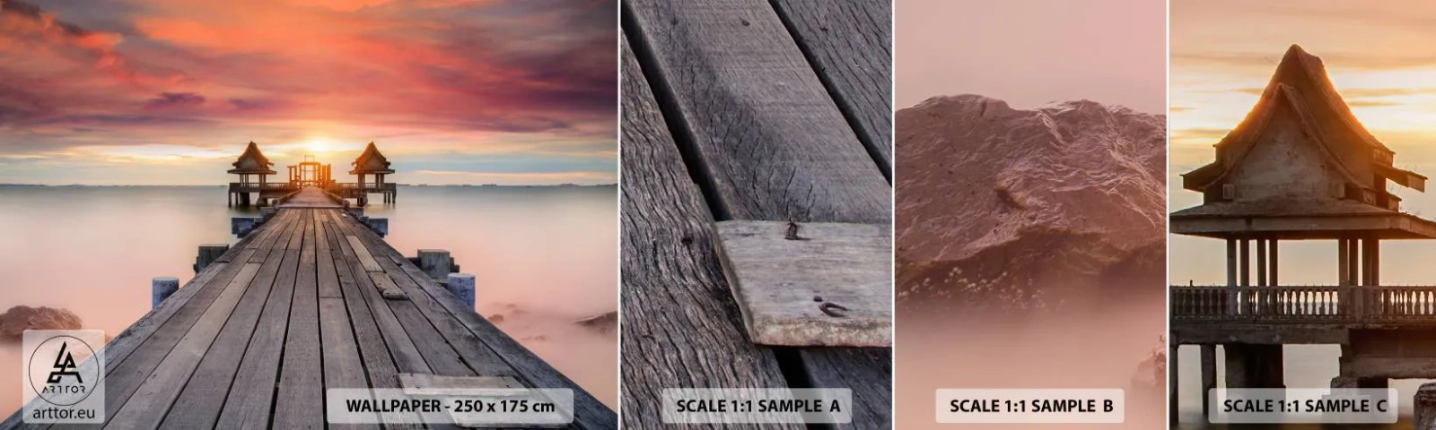 Fototapetenmuster Standard Eco - Westen im Osten - Landschaft, Holzsteg, Meer - 100x30 cm