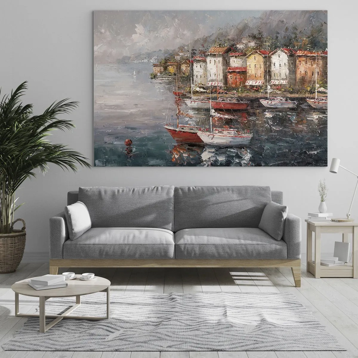 Glasbild - Bild auf glas - Ein malerischer Hafen mit Segelbooten und bunten Häusern - 70x50cm - Romantische Oase - Moderne Wanddekoration für Wohnzimmer und Schlafzimmer ARTTOR