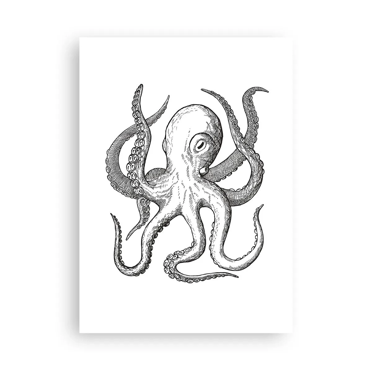 Poster - Schwarz-weiße Vintage-Oktopus-Illustration - 50x70cm - Mit den Wellen tanzen - Moderne Wanddekoration für Wohnzimmer und Schlafzimmer ARTTOR