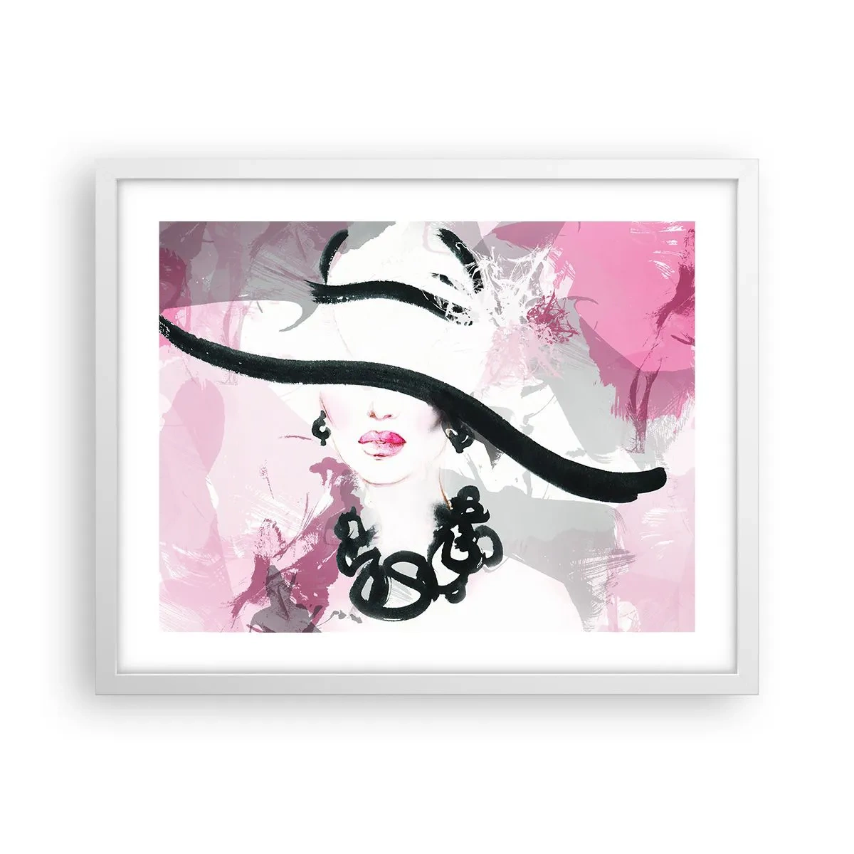 Poster in einem weißen Rahmen - Bildnis einer Dame in Schwarz und Pink - 50x40 cm