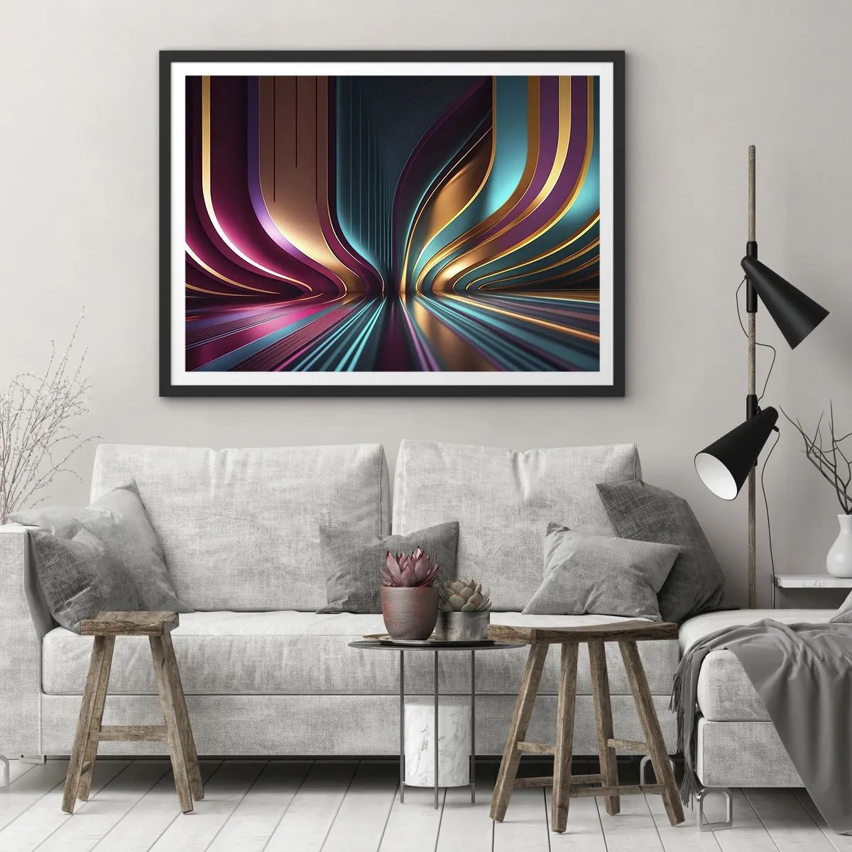 Poster in einem schwarzem Rahmen - Futuristische Abstraktion mit intensiven Farben und Kurven - 70x50cm - Architektur des Lichts - Moderne Wanddekoration für Wohnzimmer und Schlafzimmer ARTTOR