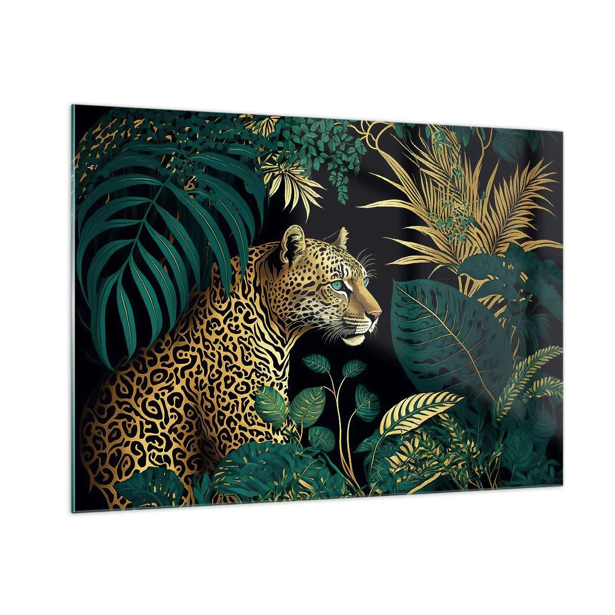 Glasbild - Bild auf glas - Ein Leopard zwischen tropischen Blättern auf dunklem Hintergrund - 100x70cm - Gastgeber im Dschungel - Moderne Wanddekoration für Wohnzimmer und Schlafzimmer ARTTOR