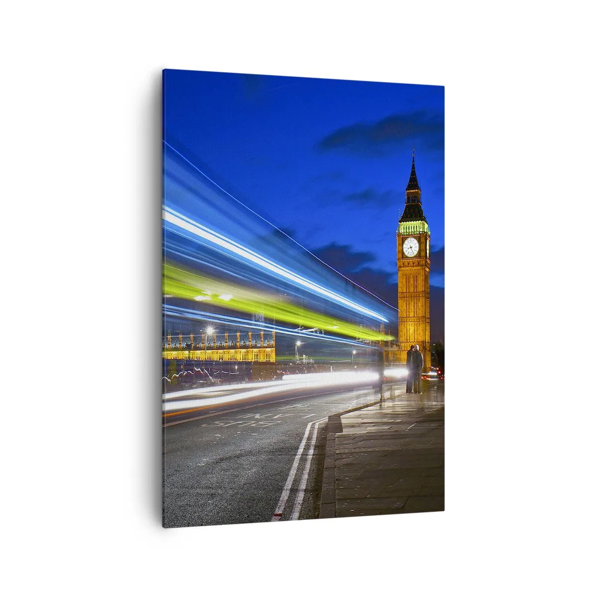 Bild auf Leinwand - Leinwandbild - Big Ben bei Nacht mit der Wirkung von Lichtern im Straßenverkehr - 70x100cm - Unter den wachsamen Augen von Big Ben - Moderne Wanddekoration für Wohnzimmer und Schlafzimmer ARTTOR