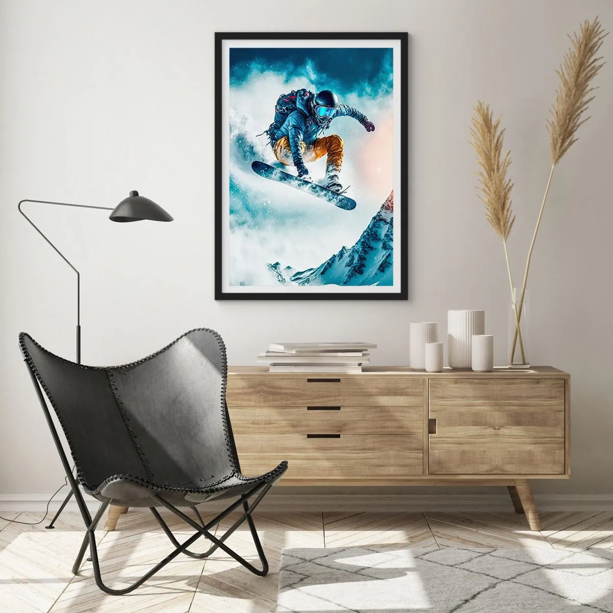 Poster in einem schwarzem Rahmen - Ein Snowboarder fliegt über einen schneebedeckten Berggipfel - 50x70cm - Extreme Emotionen - Moderne Wanddekoration für Wohnzimmer und Schlafzimmer ARTTOR