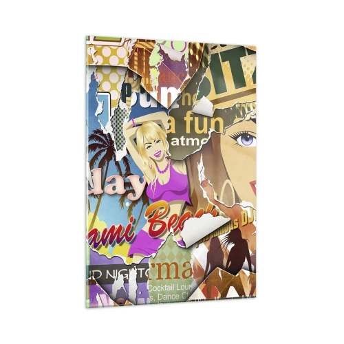 Glasbild - Bild auf glas - Bunte Retro-Collage mit Postern und Grafiken - 50x70cm - Sommer Rückblicke - Moderne Wanddekoration für Wohnzimmer und Schlafzimmer ARTTOR